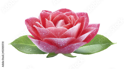 Beautiful pink rose with dew drops on petals, isolated on white background.