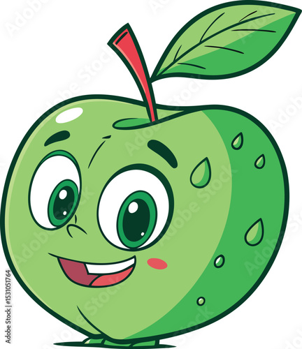 Cute green Apple cartoon vector with big glossy green eyes, cheerful smile, leaf, Perfect For Comic, Print of demand, Tshirt design, kid-friendly, healthy lifestyle graphics..eps