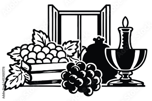 Black and white illustration depicting grapes, leaves, candle, teapot, and architectural window element