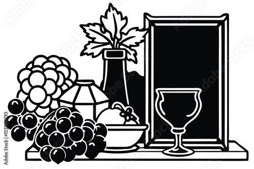 Elegant black and white still life featuring grapes wine glass and decorative elements on a shelf