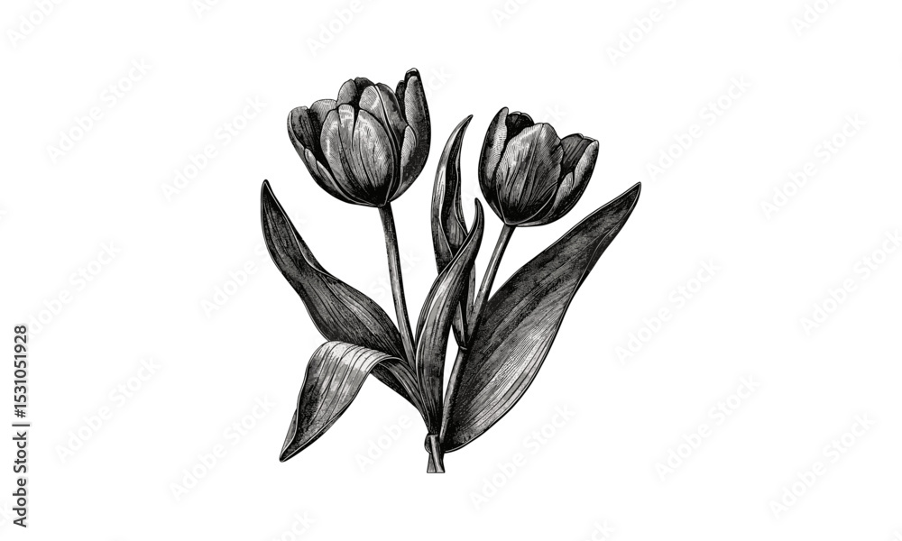 Vintage engraving Tulipa Gesneriana, botanical flowers, vector illustration, antique floral art, garden plants, natural history drawing, spring flower sketch, plant decor.