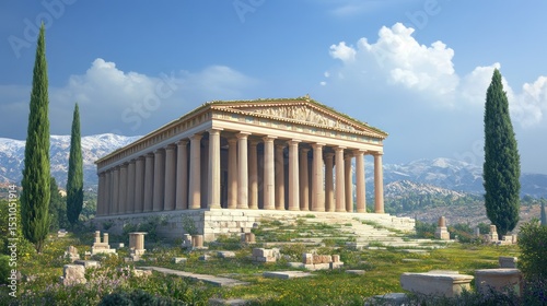 Ancient Greek Temple amidst Majestic Mountains
