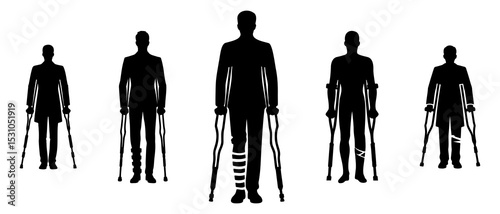 Physically Disabled Patient With Crutches Silhouette Black Filled - Vector Illustration Icon.