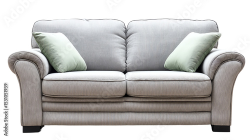 Comfortable gray sofa with green cushions on an isolated background.