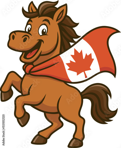 Horse mascot with maple leaf cape. Perfect for Canada day. 