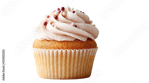 Delicious cupcake topped with creamy frosting and colorful sprinkles on a white isolated background.