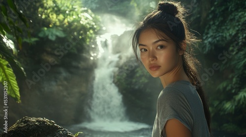 Young woman in a bun, gray shirt, standing on rock by waterfall, surrounded by lush forest and mist, vibrant nature scene.