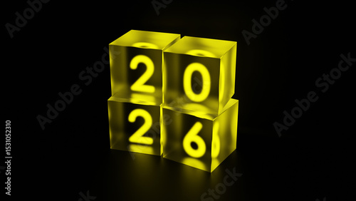 Neujahr 2026 Glaswürfel leuchtend gestapelt