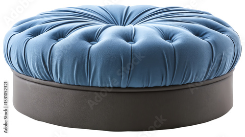 Elegant round tufted ottoman in soft blue fabric, perfect for modern interiors and chic decor.