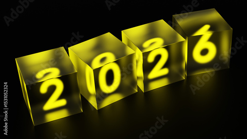 Neujahr 2026 Glaswürfel leuchtend in Reihe