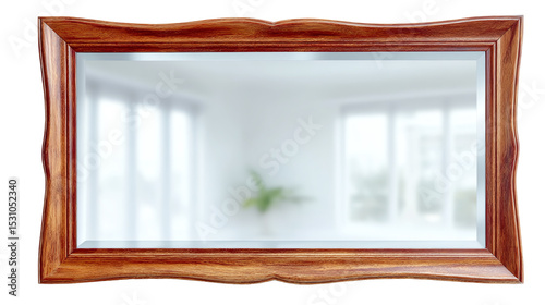 Elegant wooden frame mirror reflecting a bright interior space with natural light and a touch of greenery.