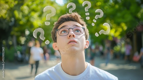 Puzzled Young Man in Lively Park Setting Surrounded by Question Marks and Greenery with People in the Background