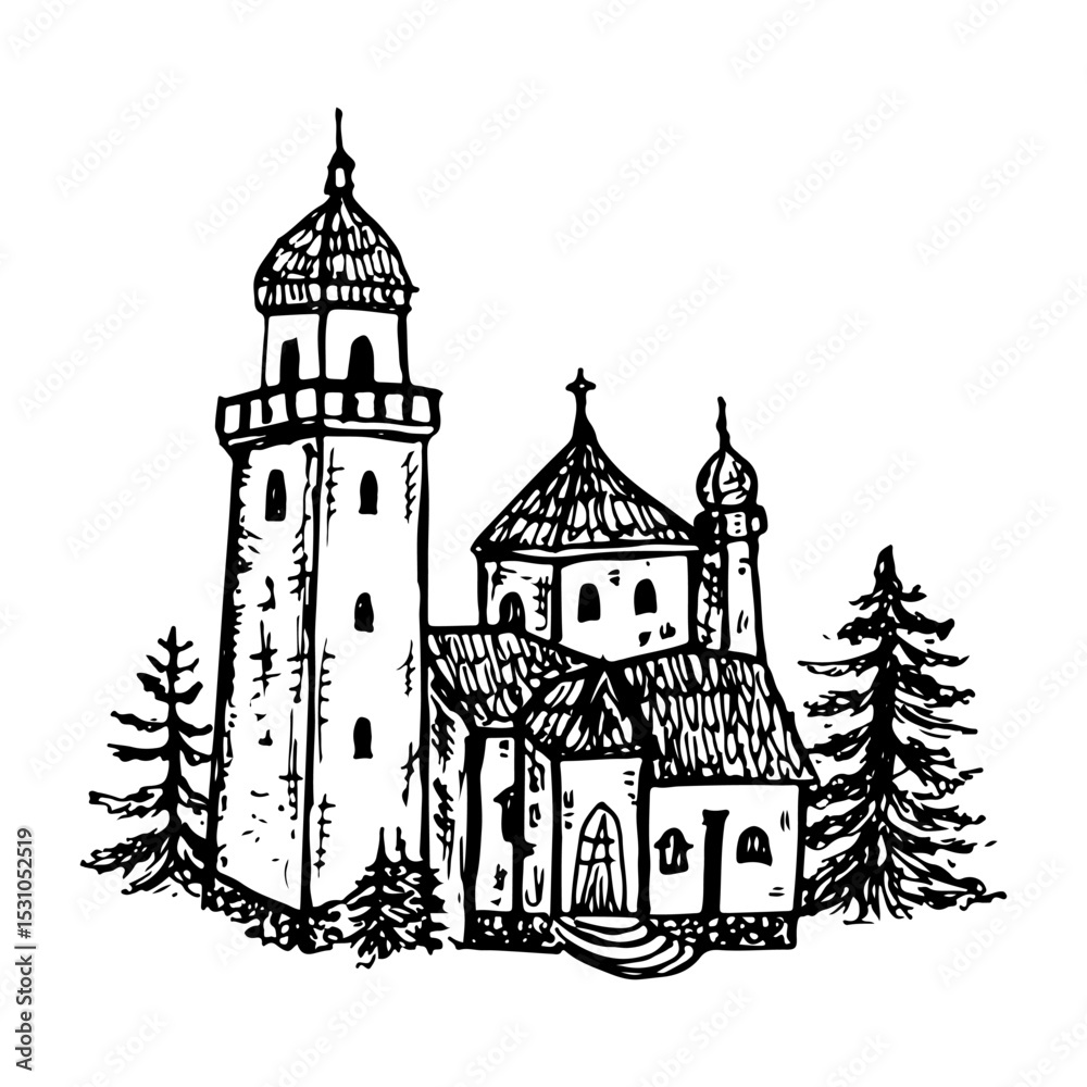 Obraz premium Hand-drawn church with bell tower, architecture, building, spiritual.