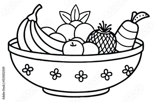 Black and white drawing of a fruit bowl filled with fresh and healthy fruits and a vegetable.