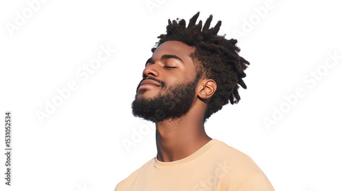 Man with beard enjoying a moment of peace, eyes closed, smiling gently, light background.
