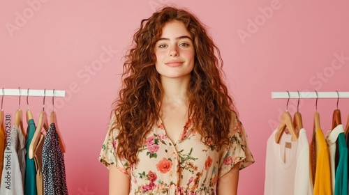 Charming young woman in floral dress, isolated pink backdrop, fashion boutique vibe, showcasing casual chic outfits and personal style