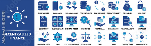 Decentralized Finance icon collection set. Containing design finance, currency, technology, digital, crypto