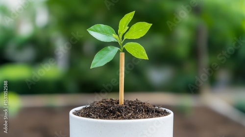 Vibrant green potted plant with bamboo support, dark mulch, modern white ceramic pot, blurred garden backdrop, lush and serene atmosphere