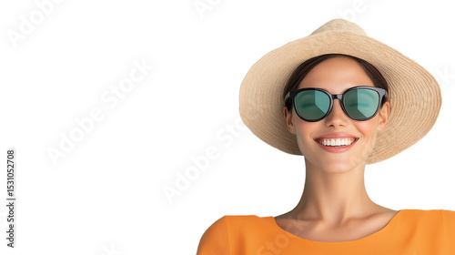 Smiling woman in sunglasses and straw hat, orange shirt, cheerful expression, isolated on white background.