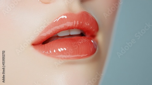 Glossy red lips, smooth texture, vivid color contrast, soft blurred background, subtle highlights enhancing fullness and shape