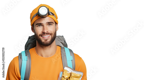 Smiling young man in an orange outfit and headlamp, holding supplies for an outdoor adventure, isolated on white background.