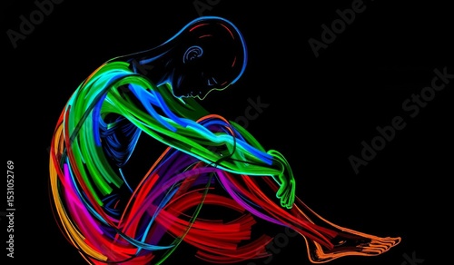 Colorful Abstract Painting of a Seated Human Figure in Introspective Pose on Black Background

