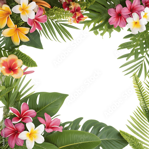 Tropical plumeria and palm leaves isolated on white background