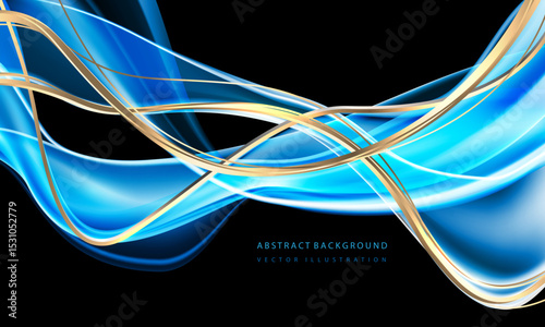 Abstract gold blue ribbon curve wave luxury overlap on black design modern background vector