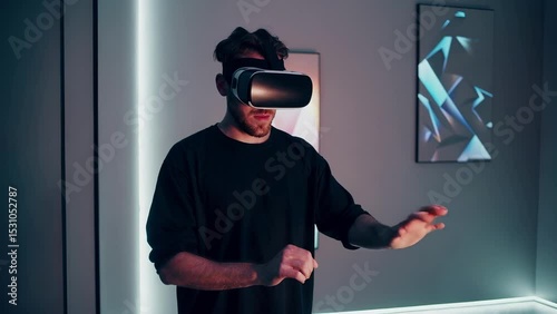 Young Caucasian Male Experiencing Virtual Reality at Home Gaming Setup                               