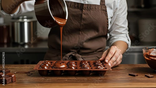 Confectioner melting chocolate. Chef making homemade sweet dessert or candy. Woman pouring liquid cocoa into mold for baking video.