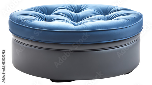 Stylish round ottoman with blue tufted upholstery, perfect for modern living spaces.