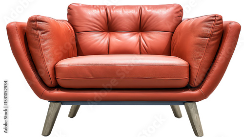 Stylish red couch with plush cushions and wooden legs against a white background.
