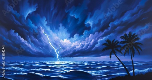 blue water in the night, storm in the sea, thundering