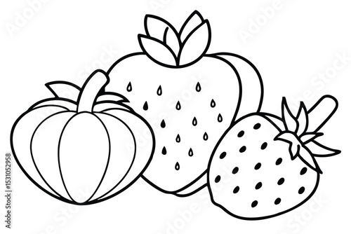 Simple black and white illustration of a pumpkin and two strawberries featuring outline style