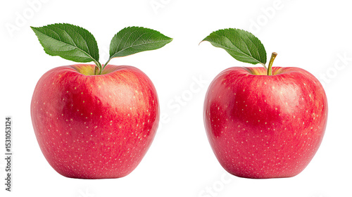 Two ripe red apples with green leaves on a white isolated background.