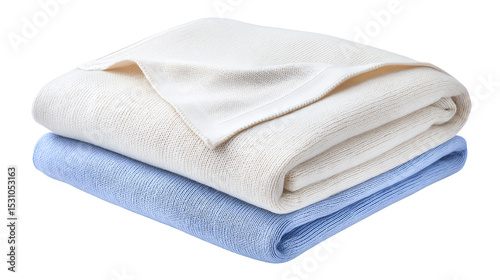 Two neatly folded blankets in light colors, showcasing cozy and comfortable home textiles on a white isolate background.