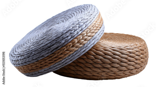 Two woven mats, one gray and one brown, showcasing intricate detailing on a white isolated background.