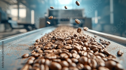 Coffee Processing in Motion, Dark roasted beans flowing on conveyor belt, industrial sorting system, dynamic scene with vibrant contrast and bright lighting