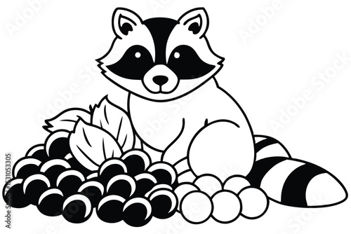 Adorable cartoon raccoon with berries and leaves in black and white isolated on white background