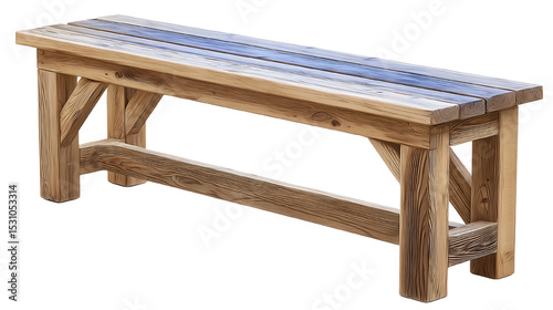 Wooden bench with a rustic design, suitable for gardens or outdoor spaces, isolated on a white background.