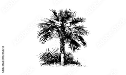 Tropical Fan Palm Tree, exotic leaf illustration, botanical nature vector, jungle plant design, summer foliage collection, tropical garden graphics, vector illustration.