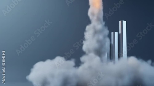 3D shiny silver rocket launches next to tall bar graph. 4k video