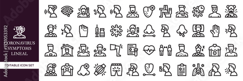 COVID-19 Symptoms Line Icons – Coronavirus Health, Safety, and Medical Set