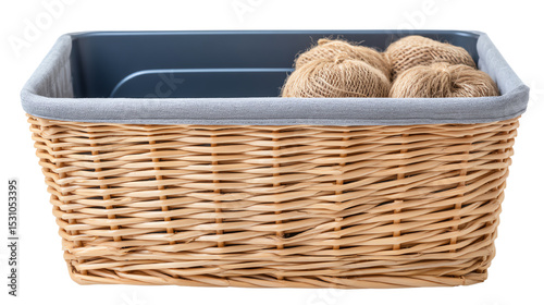 Woven storage basket with yarn balls on a white background, perfect for organizing crafts and home decor.