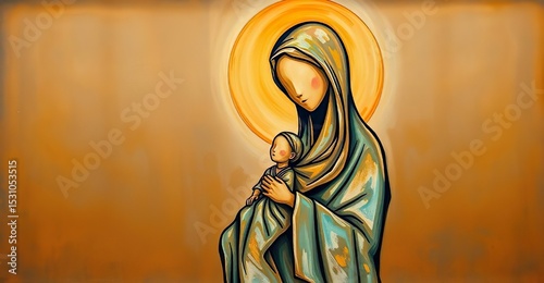Abstract Art of Virgin Mary and Child – Symbol of Divine Love and Protection

