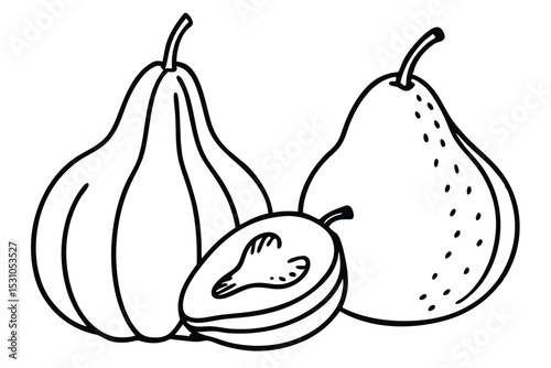 Simple black and white illustration of pears with a cut half showing the seed, fresh fruit concept