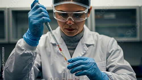 Female scientist pipetting liquid into a test tube. Woman researcher conducting experiments in a science laboratory. Scientific discovery and research footage.