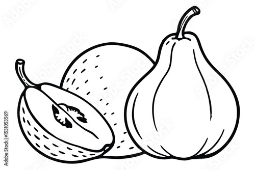 Simple black and white illustration of pears featuring whole and sliced fresh fruit isolated on white background