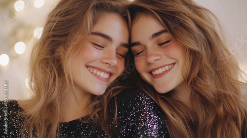 Joyful Connection Between Friends, two young women in sequined tops share laughter, illuminated by soft bokeh lights, capturing a moment of intimacy.