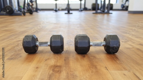 Black dumbbells on rustic wooden floor in bright gym, contrasting dark weights with light surroundings, showcasing a clean, professional space
